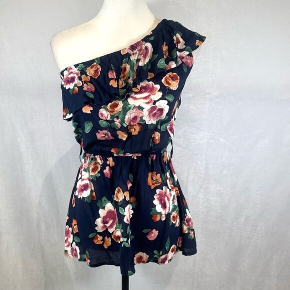 A’gaci navy floral ruffle one shoulder peplum top size small NWT - Picture 1 of 6